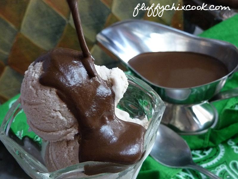 Pouring Low Carb Guinness Chocolate Sauce on LC Irish Cream Ice Cream
