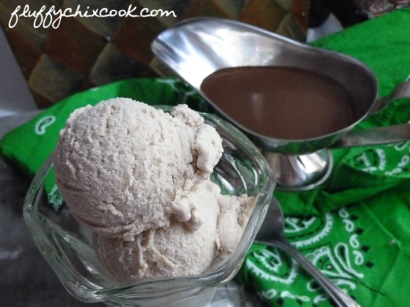 Scoops of Low Carb Irish Cream Ice Cream with LC Guinness Chocolate Sauce