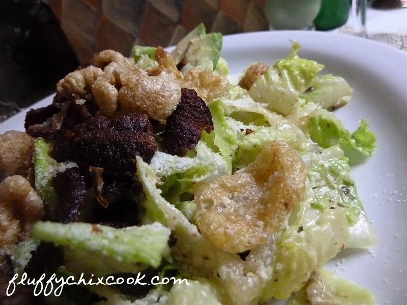 Low Carb Pork Skin Croutons on Caesar Salad